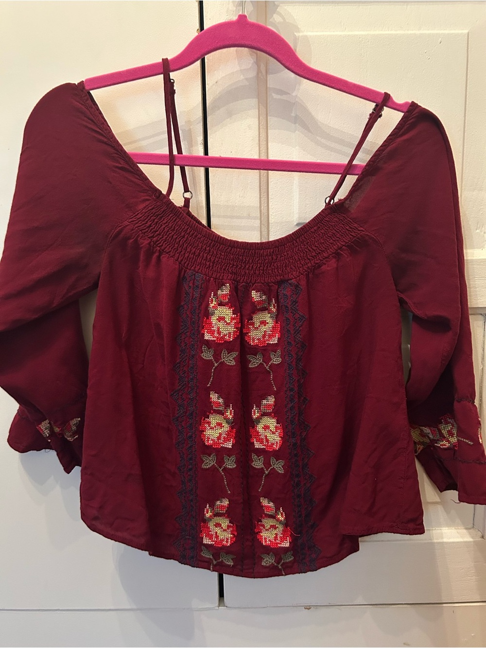 Women's Burgundy Off-Shoulder Embroidered Top